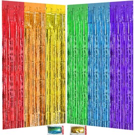 Rainbow Tinsel Backdrop Party Decorations 3.3x6.6ft, 2 Pack Foil Fringe Curtains for Birthday, Door Streamers Decorations Hanging for Wedding Engagement Bachelorette Baby Shower Pride Decorations