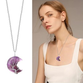 Crystal Pendant Necklace - Tree of Life Wrapped Amethyst Pendant Necklace, Healing Crystal Necklaces for Women, Natural Gemstone Quartz Pendant Chain Necklace with Extra 1 Piece Wax Rope,,