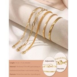 Dochais 5Pcs Gold Bracelet for Women, 18K Gold Plated Stacking Bracelets Rope Cuban Figaro Herringbone Bead Chain Bracelets Adjustable CZ Link Gold Bracelet Set for Women Girls