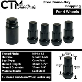 CTM 4x 1.77" Black Cone Seat Anti-Theft Wheel Locks Toyota Lexus Aftermarket Rims