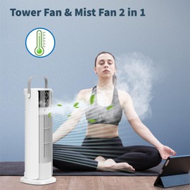 XIUREI 16'' Misting Tower Fan, 700ml Tank, 90° Oscillating Fan w/Remote, Bladeless Desk Fan, 4 Speeds, Timer, Cooling Fan for Bedroom, Desk, Table, Office, Room