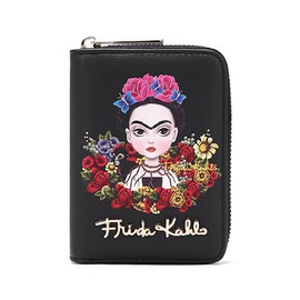 Frida Kahlo Cartoon Flower Collection Cute Zip Wallet (Black)