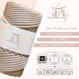 Makromecity, 5mm x 94.8m Polyester Macrame Cord 5mm Polypropylene Latte Macrame Cord Crochet Macrame Bag Cord Craft for Wall Hangings Bags Saucers Carpet 2 Balls