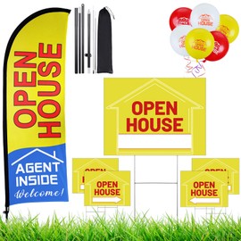 Buryeah Open House Signs Set (36 Pcs Total), 1 Pack Open House Flag with Pole Kit, 5 Pack Double Sided Open House Directional Arrows Signs with Metal Stakes and 30 Open House Balloons (Yellow)