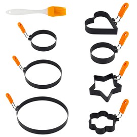 Axigundaone 8 Pcs Pancake Mold for Griddle, Egg Ring Set with Orange Silicone Handle, Stainless Steel Egg Molds for Frying Eggs, Omelet, Muffins (Assorted and Round Style)