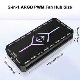 2-in-1 ARGB PWM Fan Hub mit Controller AYWHP 9 x 4Pin PWM Fan 5V 3Pin ARGB Ports Anschlüsse Kabellos RGB Controller mit Fernbedienung（Schwarz）