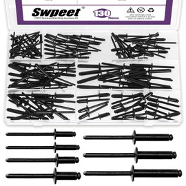 Swpeet 130Pcs 7 Sizes Black Large Flange Aluminum Blind Rivets Assortment Kit, Blind Pop Rivets Aluminum Grip and Steel Mandrel Blind Rivets for Metal, Furniture, Automotive