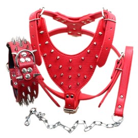 Pimaodog Breed Leather Spiked Studded Dog Harness,Collar & Leashes 3Pcs Set for Medium & Large Dog Pit Bull,Mastiff, Boxer, Bull Terrier (Spikes Red, L)