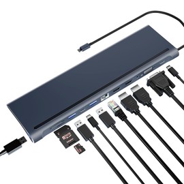 USB C Docking Station, BOVONO 12 in 1 Laptop Docking Station Dual Monitor,USB C to HDMI Adapter with 4K HDMI,87W PD, 3 USB, Up to 3 Monitor, Adapter for Type-C Laptop Computers