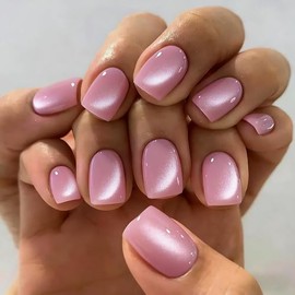 Uñas postizas cortas cuadradas con forma de ojo de gato, color rosa bebé, con acabado cromado brillante, de gel brillante, de calidad profesional, 30 