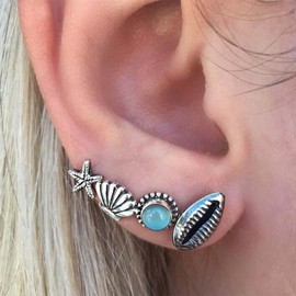 Allereya Vintage Metal Shell Earrings Blue Stone Stud Earrings Shell Earrings Silver Starfish Earrings Set Jewellery for Women and Girls, Zinc, No Gemstone