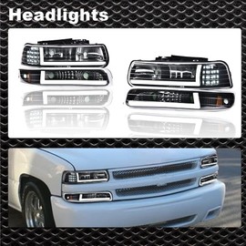 G-PLUS LED DRL Headlights, Compatible with 1999-2002 Chevy Silverado 1500 2500/2001-2002 Silverado 1500HD 2500HD 3500, Driver Side & Passenger Side, Clear lens Black Housing Amber Reflector