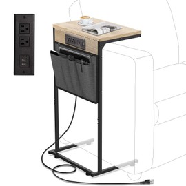 Evermagin C Shaped End Table with Charging Station, Small Couch Side Table with Storage Bag, Power Outlet and USB, Sturdy Slide Under Sofa Table with Metal Frame for Living Room & Bedroom, Greige