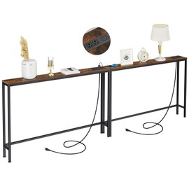 ManGuish 94.4" Long Console Table with Charging Station, Sofa Table with 2 Power Outlets & 2 USB Ports, Metal Frame, with Extension Cord, Behind Couch Table for Living Room Entryway, Rustic Brown