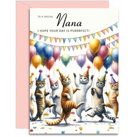 Nana Birthday Card - Dancing Cats Design - Happy Birthday Card for Her. A5 with Pink Envelope - Designed and Printed in the UK