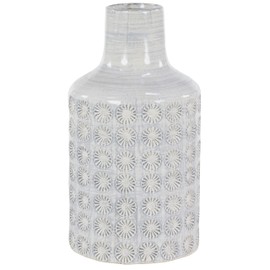 CosmoLiving by Cosmopolitan Large, Round Blue & White Ceramic Floor Vase w/ French Country Rosette Relief Design | 7” x 14”, Grey, Medium