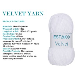 Estako Velvet Chenille Blanket amigurumi Yarn for Crocheting and Knitting Super Bulky 100 gr (132 yds) (1110 - White)