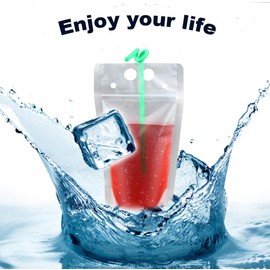 50 Pcs Clear Drink Pouches with Straws - Reclosable Zipper Stand-up Plastic Pouches Bags Drinking Bag with Straws