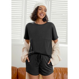 NORACORA Womens Athleisure Set Waffle Loungewear 2 Piece Pajama Sets Pj Shorts Lounge Wear Sleepwear Casual Black