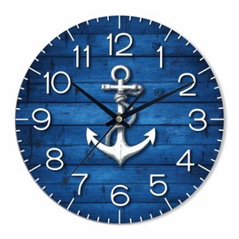White Anchor Wall Clock Battery Operated Nautical Vintage Wood Blue Wall Clock Silent Non Ticking Quality Quartz 10 Inch Round Easy Clock to Read for Home Office