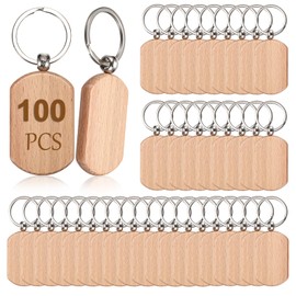 JUXYES 100 PCS Unfinished Wooden Keychain Blanks for Engraving, Wood Engraving Blanks Key Chain, DIY Wood Keychain Tags Unfinished Wooden Key Ring Key Tag, 52×32×7mm
