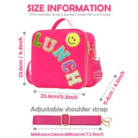 MEEYUU Insulated Lunch Bag Nylon Preppy Boys Girls Lunch Box Large Insulated Lunch Bag Reusable Lunch Tote Bag with Smiley Preppy LunchBag for Girls School Travel Picnic Adjustable (Rose Red)