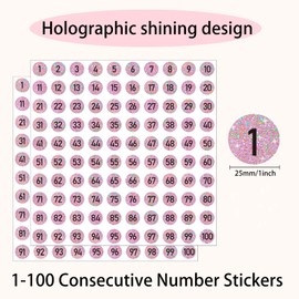 1 Inch Holographic Number Stickers, Glitter Consecutive Number Stickers 1-100, Holographic Self Adhesive Numbered Label use for Inventory, Storage, Organizing-1000 Sheets/Shiny Pink