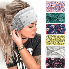 6 Pieces Headbands for Women Wide Boho Head Scarfs Non Slip Bandanas Hairbands Elastic Hair Accessories Knotted Turbans Head Wrap Adult (Leaves)