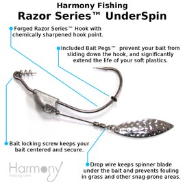 Harmony Fishing - Razor Series Underspin Swimbait Hooks (4 Pack w/ 5 Bait Pegs) - Swimmer Hooks with Flashy Willow Spinner Blades (3/16 oz, 5/0 Hook)