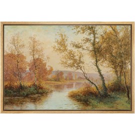 SIGNLEADER Framed Canvas Print Wall Art Autumn Fall River Dawn Forest Trees Nature Wilderness Illustrations Fine Art Decorative Landscape Colorful for Living Room, Bedroom, Office - 16"x24" NATURAL