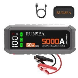 RUNSEA 5000A Jump Starter,12V Car Battery Jump Starter with 60W Quick Charge Speed,LED Display,26000mAh Portable Jump Starter Battery Pack(All Gas 10L Diesel Engine),LED Light,Jumper Cables