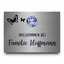 'Engraved Door Chime/Bell Stainless Steel Doorbell Panel Set of "Hoffmann Model K + LED Switch, Acrylic plate and Name Engraving/SEE High Fibre Laser Engraving.
