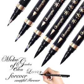Reastar Calligraphy Pens Pack of 6 Calligraphy Ballpoint Pen Black Fibre-Tip Pen for Lettering, Beginner Diary, Signature, Writing, Design and Drawing (4 Sizes)