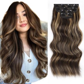 Vigorous Clip in Hair Extensions Long Wavy Synthetic Hairpieces,Natural & Soft Hair & Blends Well Hair Extensions,Easy to Wear for Women Girls Daily Use Event Party Use:_F6/18 Brown mix Blonde （24inch）_4PCS(24inch)