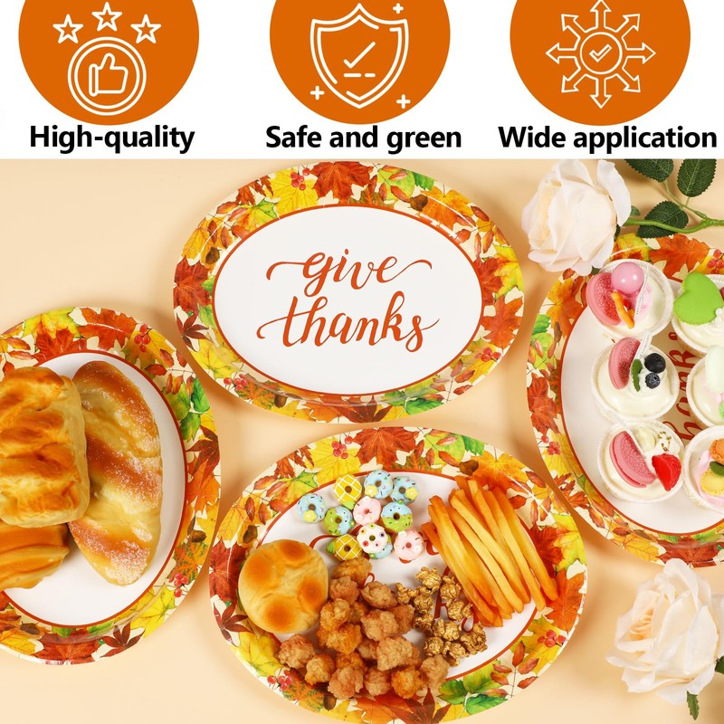 50PCS Thanksgiving Oval Paper Plates Large 11” Disposable Fall Party