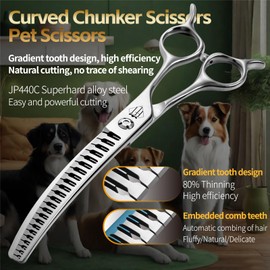 Fenice Totem Professional Pet Grooming Scissors, Curved Chunker with Gradient Teeth, JP440C Steel, 80% Thinning Efficiency (7 inch)