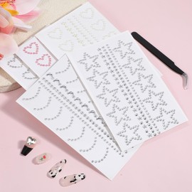 5 Sheets Self Adhesive Face Gems for Makeup with Tweezers, Pearl Stickers 3D Heart Star Moon Shape Jewels Face Rhinestone Stickers Hair Accessories for Women for Faces, Eye, Makeup, Nail, Body, Crafts