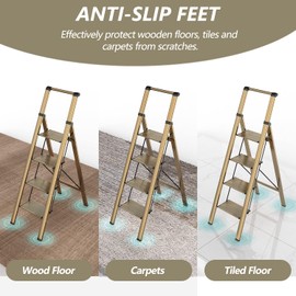 4 Step Ladder, Folding Step Stool with Anti-Slip Wide Sturdy Pedal and Handgrip, Portable Lightweight Aluminum Stepladder, 330 lbs Capacity, Multi-Use for Home, Library, Office, Garage - Brown Gold 1