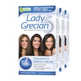 Lady Grecian 5, Tinte Colorante en Shampoo Cabello Maltratado Paquete de 3