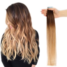 18 inch Tape in Human Hair Extensions (50g,20pcs,#4T27 Medium Brown ombre Dark Blonde)