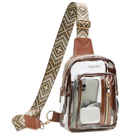 TINYAT Clear Sling Bag - Transparent Crossbody PVC See Through Chest Bag - Brown