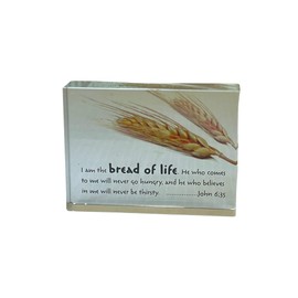 3 Arches USA Inspirational Glass Plaque with Bible Verse John 6:35 - Heartwarming Christian Home Decor - 2.5 x 2.8 Inch Room Decor