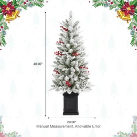 Glitzhome 4ft Pre-Lit Christmas Tree, Flocked Artificial Christmas Porch Tree with Red Berries and 60 Warm White/Multi-Color Lights,2 Functions w/Foot Pedal for Porch,Front Door Christmas Decor