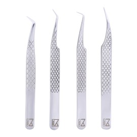 M LASH Eyelash Extension Tweezers (Set of 4) - Professional & Precision Lash Tweezers for Eyelash Extensions - Japanese Steel, Diamond Grip, Fiber Tip V3 (Silver)