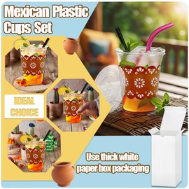 FUYUWIIN 50Pcs 12oz Cielito Lindo Disposable Plastic Cups with Lids and Straws, Mexican Cinco de Mayo Terracotta Flower Clay Cold Beverage Drinking Cups for Mexican Talavera Wedding Party Supplies