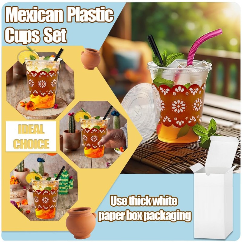 FUYUWIIN 50Pcs 12oz Cielito Lindo Disposable Plastic Cups with Lids