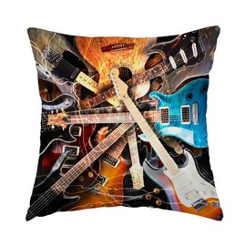 Swono Music Throw Pillow Cover Instruments Kinds of Guitar Musical Theme Decorative Pillow Case Home Decor Square 16x16 Inches Pillowcase