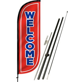LookOurWay Feather Flag Set, 5 ft Advertising Flag with Poles and Ground Spike for Business Promotion, Open Themed (Welcome/Red)