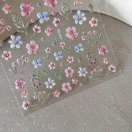 Flower Nails Stickers Spring Nails Sticker 3D Embossed Self Adhesive Sticker Pink Petals Designs Nail Decals Blue Blossoms Nail Art Decals Summer Decals for Nail DIY Manicure 1Sheets