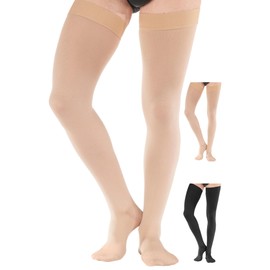 Opaque Thigh High Compression Stockings for Men 20-30mmHg - Mens Dress Thigh High Compression Socks Circulation for Travel, Flying, Running, Sports, Athletic - Beige, Large